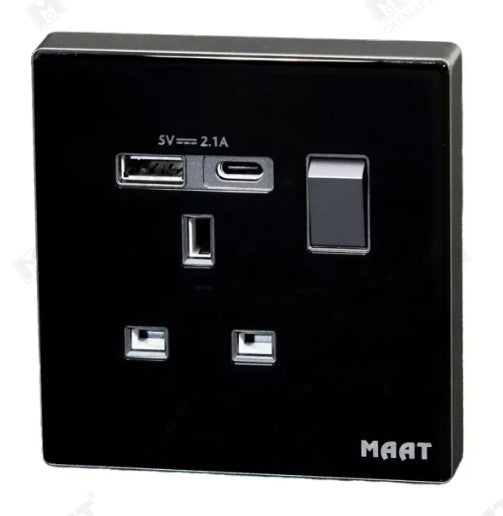 MAAT SINGLE SWITCH SOCKET WITH USB & TYPE C SOCKET GLASS BLACK
