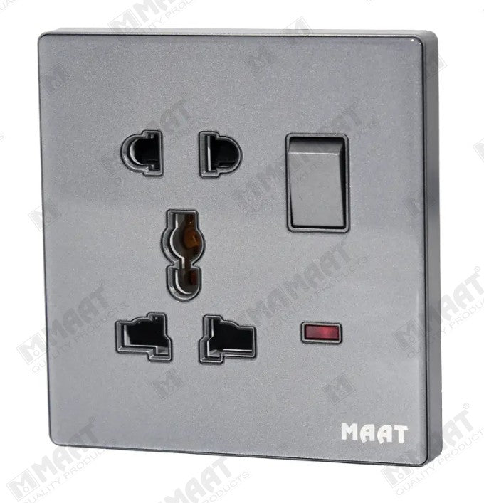MAAT GLASS GREY SINGLE 2 & 3 PINS UNIVERSALWITH INDICATOR SWITCH SOCKET